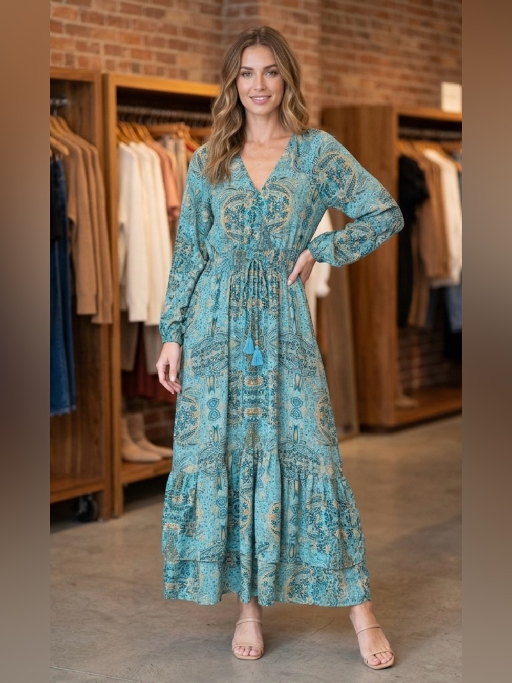Anthropologie | Boemo Teal Paisley Long Sleeve Tiered Maxi Dress - Size Small